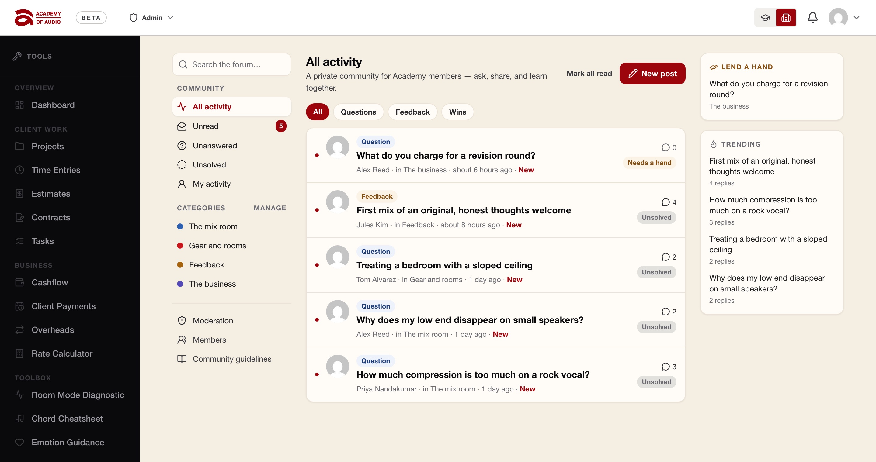The Academy forum, showing recent questions across the rooms